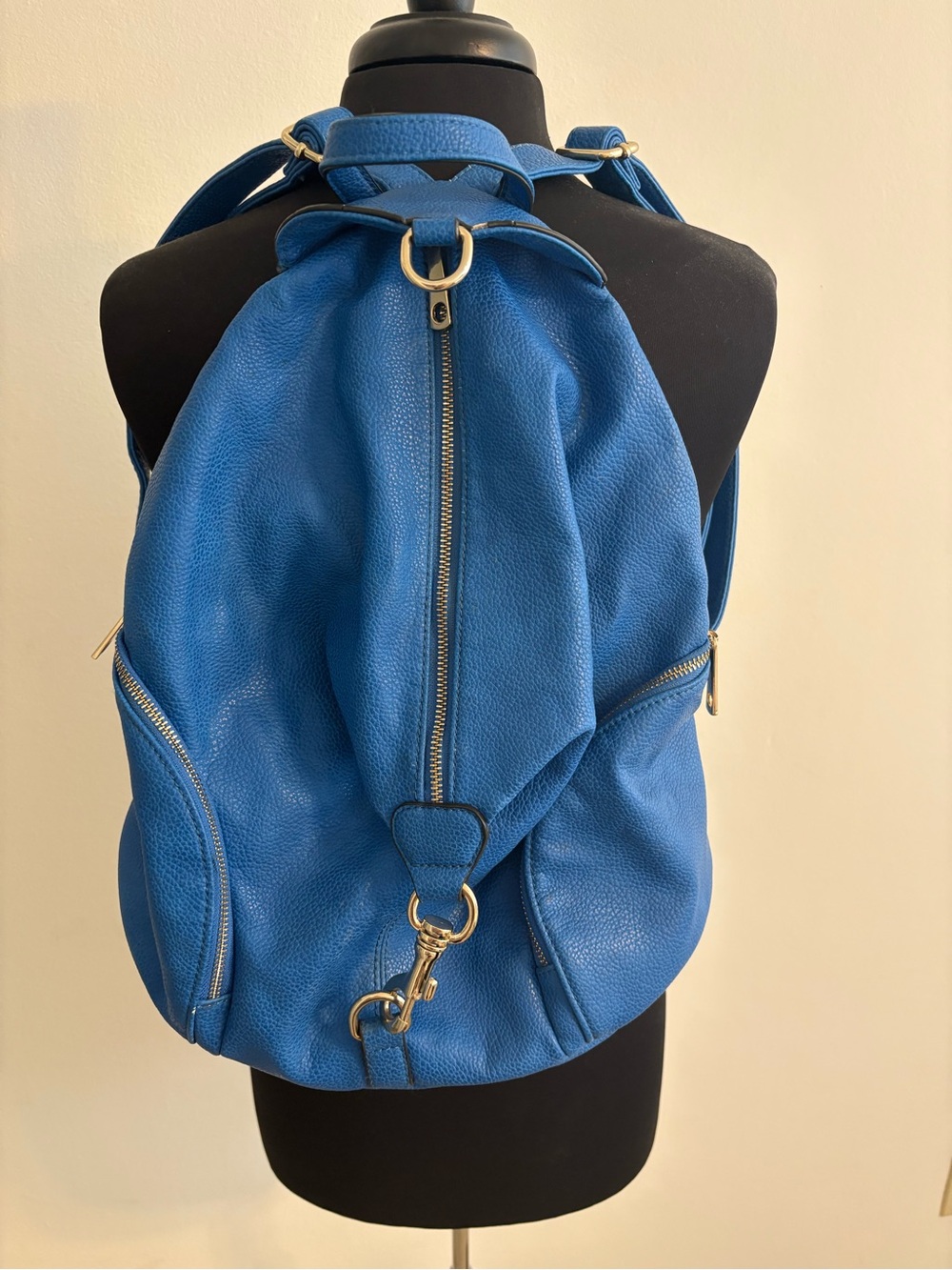 Pebbled Blue Faux Leather Backpack with Gold Hardware